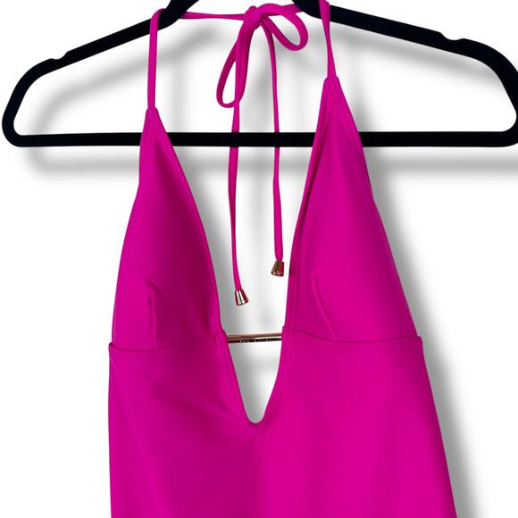 Ted Baker London NWT Fuchsia Low V Plunge Open Back One-Piece Halter Swimsuit - Picture 3 of 9
